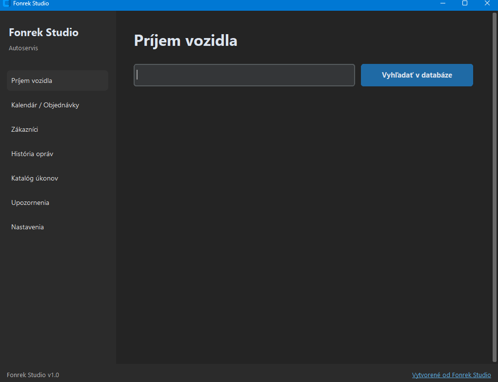 Obrazovka Príjem vozidla v aplikácii Fonrek Studio